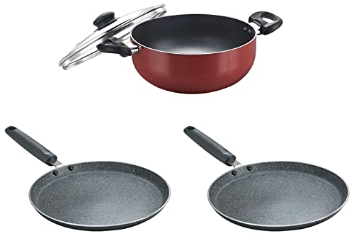 Prestige OMG DLX Induction Base Non-Stick Aluminium Deep Kadhai, 24cm, Red&Prestige Omega Deluxe Granite Dosa Tawa, 28 cm, Black&Prestige Omega Deluxe Granite Dosa Tawa, 30cm, Black