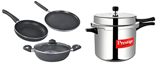 Prestige Omega Deluxe Granite 3 Pcs with 1 Glass Lid & Prestige Popular Aluminium Pressure Cooker, 10 litres, Silver, 10 Liter