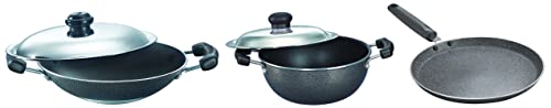 Prestige Omega Deluxe Granite Dosa Tawa, 28 cm&Prestige Omega Select Plus Residue Free Non-Stick Deep Appachetty with Lid, 20cm Omega Select Plus Non-Stick Kadhai with Lid, 20cm, 2.2 Liters
