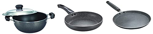 Prestige Omega Deluxe Granite Dosa Tawa, 30cm Aluminium Omega Select Plus Non-Stick Flat Base Kadhai with Lid, 20cm, 2.2 Liters&Prestige Aluminium Omega Deluxe Granite Fry Pan, 28 cm (36306)