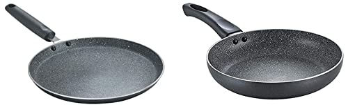 Prestige Omega Deluxe Granite Dosa Tawa, 30cm, Black&Prestige Aluminium Omega Deluxe Granite Fry Pan with Lid, 26 cm,Black&Prestige Aluminium Omega Deluxe Granite Fry Pan, 28 cm, Black (36306)