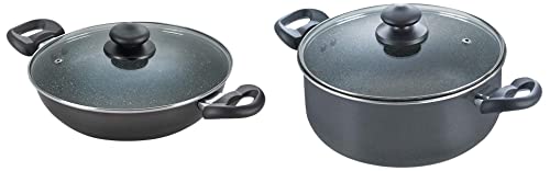 Prestige Omega Deluxe Granite Sauce Pan with Lid, 240mm+Prestige Omega Deluxe Granite Kadai, 260mm, Black