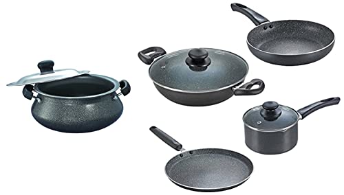 Prestige Omega Granite Aluminium Kitchen Set, 4-Pieces, Black & Aluminium Omega Select Plus Paniyarakkal (240 Mm, Black), Black & Omega Select Plus Junior Handi (Black, 200mm)