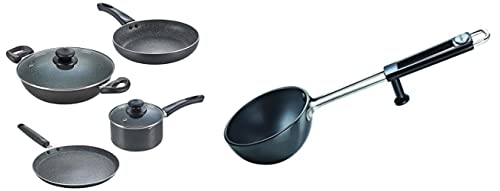 Prestige Omega Granite Aluminium Kitchen Set, 4-Pieces, Black+Prestige Hard Anodised Tadka Pan, 100 mm