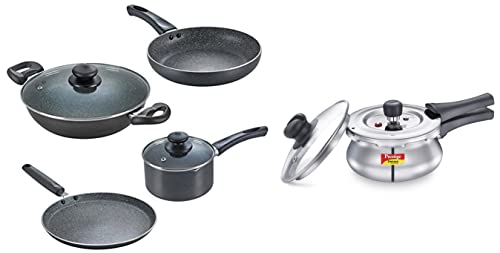 Prestige Omega Granite Aluminium Kitchen Set, 4-Pieces & Deluxe Alpha Svachh Stainless Steel Outer Lid Pressure Cooker 1.5L with Glass Lid (with Deep Lid for Spillage Control)