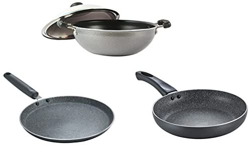 Prestige Omega Select Plus Aluminium Non-Stick Flat Base Kadhai with Lid, 25 cm&Prestige Omega Deluxe Granite Dosa Tawa, 28 cm&Prestige Aluminium Omega Deluxe Granite Fry Pan, 24 cm (36305)