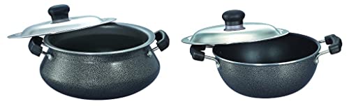 Prestige Omega Select Plus Non-Stick Flat Base Kadai with Lid, 20cm, 2.2 litres, Black & Omega Select Plus Senior Handi Dia 230mm with SS Lid-5 litres Combo