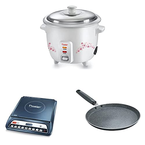 Prestige PRWO 1.5 1.5L Rice Cooker, White&Prestige PIC 20 1600 Watt Induction Cooktop with Push button (Black)&Prestige Omega Deluxe Granite Dosa Tawa, 28 cm, Black