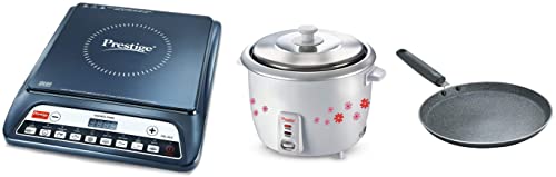 Prestige PRWO 1.8-2 700-Watts Delight Electric Rice Cooker with 2 Cooking Pans - 1.8L, White&Prestige 1600W Induction Cooktop with Push button&Prestige Omega Deluxe Granite Dosa Tawa, 30cm