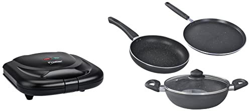 Prestige PSMFB 800 Watt Sandwich Toaster with Fixed Plates, Black and Omega Deluxe Granite 3 Pcs with 1 Glass Lid