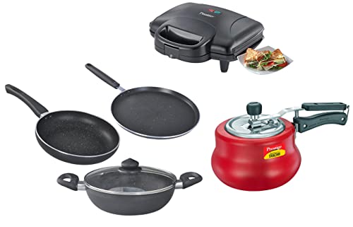 Prestige Sandwich Maker PGMFD 01 & Aluminium Omega Deluxe Granite Finish (Black) - 3 Pieces & Prestige Svachh, 10752, 3 L, Nakshatra Duo Red Handi