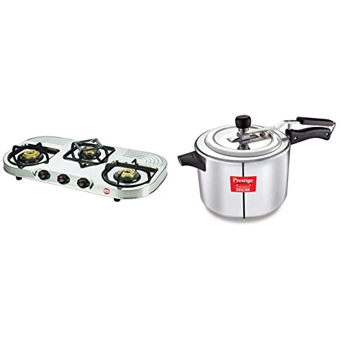 Prestige Stainless steel 3 Burner Gas Stove, Manual Ignition, Silver + Prestige Nakshatra Plus Svachh 5 litre Aluminium Straight wall Inner Lid Pressure Cooker COMBO