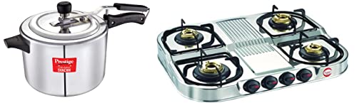 Prestige Stainless steel 4 Burner Gas Stove, Manual Ignition, Silver + Prestige Nakshatra Plus Svachh 5 litre Aluminium Straight wall Inner Lid Pressure Cooker COMBO