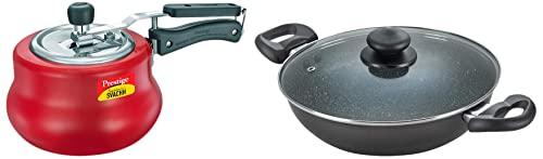 Prestige Svachh, 10752, 3 L, Nakshatra Duo Red Handi, with Deep Lid for Spillage Control, Aluminium, Inner Lid & Prestige Aluminium Omega Deluxe Granite Kadhai, 26cm, Black