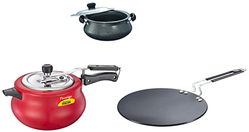 Prestige Svachh, 10753, 5 L, Nakshatra Duo Red Handi, Aluminium, Inner Lid&Prestige Hard Anodised Plus Cookware Induction Base Roti Tawa, 22.5cm&Prestige Omega Select Plus Mini Handi with SS lid