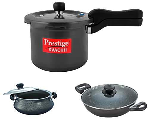 Prestige Svachh 3ltr Aluminium Pressure Cooker with Hard Anodized Body&Prestige Aluminium Omega Deluxe Granite Kadhai, 26cm&Prestige Omega Select Plus Senior Handi Dia 23cm with SS Lid-5ltrs