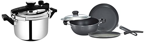 Prestige Svachh Clip-on 5 Litre Stainless Steel Outer Lid Pressure cooker & Prestige Omega Select Plus Residue Free Non-Stick Kitchen Set, 3-Pieces, black/Silver, Aluminium