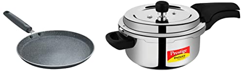 Prestige Svachh Deluxe Alpha 3.0 Litre Pressure Cooker & Omega Deluxe Granite Dosa Tawa, 300mm, Black & Aluminium Omega Deluxe Granite Fry Pan, 260 mm,Black