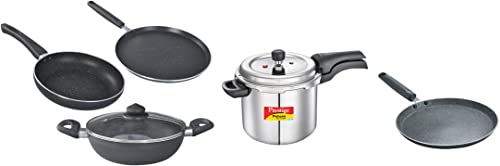 Prestige Svachh Deluxe Alpha 3.5ltr Outer Lid Pressure Cooker&Prestige Omega Deluxe Granite Dosa Tawa, 28 cm&Prestige Omega Deluxe Granite s with 1 Glass Lid - 3pcs