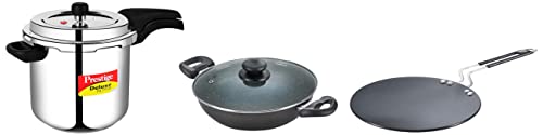 Prestige Svachh Deluxe Alpha 5.5 Litre Stainless Steel Outer Lid Pressure Cooker&Prestige Aluminium Omega Deluxe Granite Kadhai, 26cm, Black&Prestige Aluminium Hard Anodised Cookware, 26.5 cm, Black