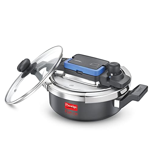 Prestige Svachh Flip-On Mini Hard Anodised Spillage Control Outer Lid Pressure Cooker with Glass Lid, 2 Litre (Black), 2 Liter