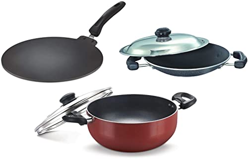 Prestige TTK OMG DLX Flat Dosa Tawa, 30cm, Red&Prestige Omega Select Plus Aluminium Residue with Lid, 20 cm, Black&Prestige OMG DLX Induction Base Non-Stick Aluminium Deep Kadhai, 24cm, Red