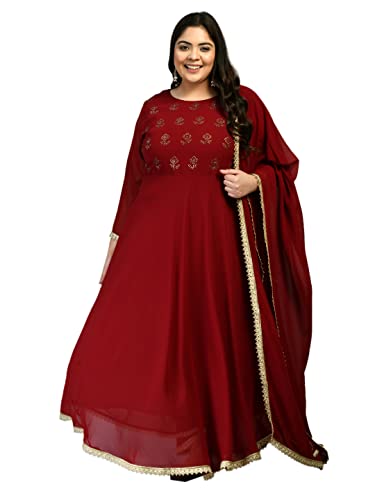 PrettyPlus by Desinoor.com  Anarkali Kurta with Pants and Dupatta Set For Girls & Womens |Kurta Pant and Dupatta Set|Kurta Trousers set | Georgette Fabric Maroon |7XL