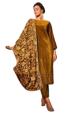 Pure Velvet Embroidery Work Unstitched Salwar Suit Dress Material For Women & Girl (Mustard)