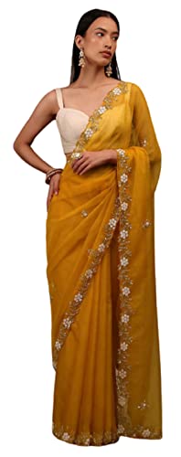 RANGOLI ART Womens And Girls Organza Silk Fabric Saree With handcrafted work all over saree With Beautiful Butta And White silk blouse (Musterd)
