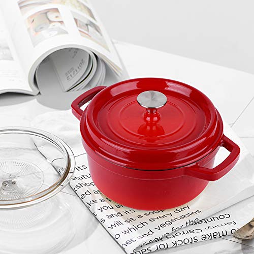 Red Enamel Cast Iron Pan, Kitchen Decorative Enameled Non-stick Cast Iron Cookware Oven Pot with Dual Handles/Lid(Red 24CM)