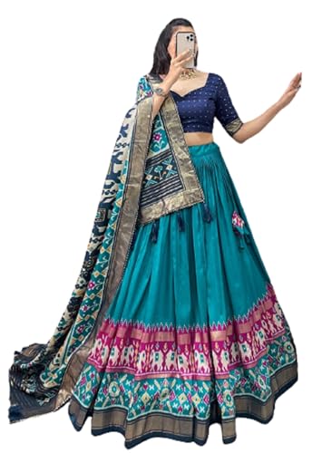 Royalstyle Women's Heavy Tussar Silk Fabric With Patola Print With Foil Work Semi-stitched Lehenga Choli For Womens And Girls (Free Size, Firoji Blue )