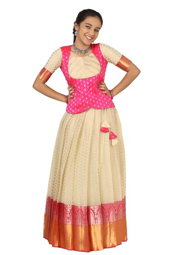 SHIVANGI Silver Tulip Pink Pattu Pavadai For Girls (13-14 Years)