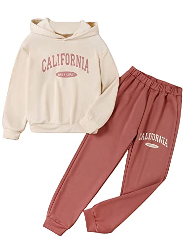 SOLY HUX Girl's Letter Print Drop Shoulder Hoodie Sweatshirt and Jogger Sweatpants 2 Piece Outfit, Beige and Pink, 10 Years