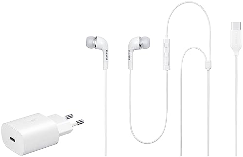 Samsung Original IC050 Type-C Wired in Ear Earphone with mic (White) & 25W USB Travel Adapter for Cellular Phones - White