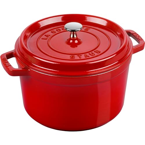 Staub Cast Iron Dutch Oven 5-qt Tall Cocotte, Serves 5-6, Cherry