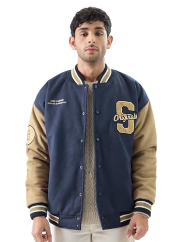 The Souled Store Navy Men and Boys Long Sleeve Button Front Graphic Print Oversized Fit Varsity Jackets - Comfortable Breathable Cotton Fabric - Trendy & Stylish Casual Wear For Outerwear.