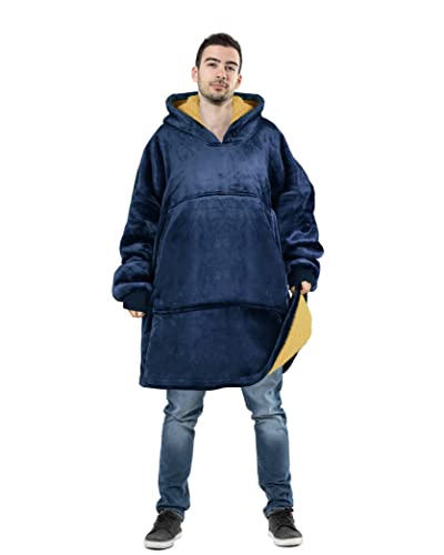 Tirrinia Oversized Blanket Sweatshirt, Super Soft Warm Comfortable Sherpa Hoodie Pullover with Giant Pocket, for Adults and College Students, Outdoor, Indoor,Reversible, Hood Blue & Gold