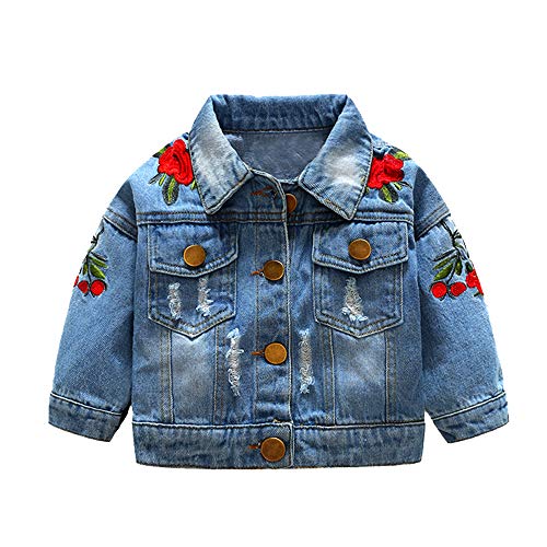 Top and Top Baby Girls Denim Jacket Rose Flower Embroidery Toddler Ripped Denim Coat for Kids (90/12-18 Months)