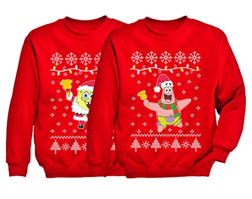 Tstars Patrick & Sponge Ugly Christmas Sweater Style Sweatshirt Funny Set for Siblings Spongebob Red Large/Patrick Red X-Large