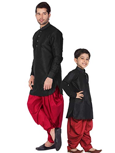 VASTRAMAY Baap Beta Black Kurta and Dhoti Pant Set (Man-40 Size/Boy-2-3 Years)