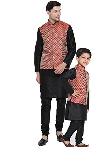 VASTRAMAY Baap Beta Maroon Kurta Waistcoat and Pyjama Set (Man-36 Size/Boy-6-12 Months)