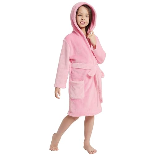 V.&GRIN Girls Fleece Bathrobe, Hooded Toddler Robe Soft Night Dressing Gown Sleepwear for Girls（Pink8T）