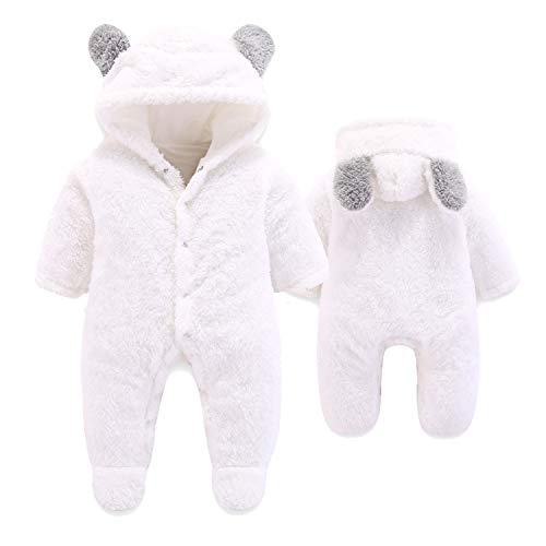 VNVNE Newborn Baby Cartoon Bear Snowsuit Warm Fleece Hooded Romper Jumpsuit (6-9 M, White)