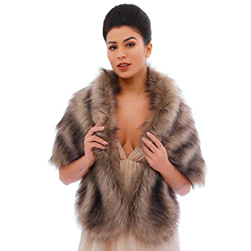 Victray Sleeveless Bridal Faux Fur Shawl Wedding Fur Wraps Fur Stole Winter Cover Up Accessories for Women and Girls, Brown-1, Free size