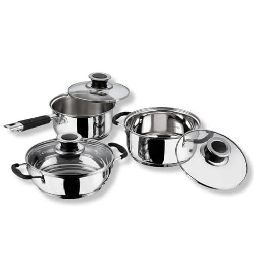 Vinod Master Chef Stainless Steel Cookware Set of 3 | 1.5 LTR Saucepan, 2.1 LTR Casserole, 2 LTR Kadhai | SAS Bottom Heavy Guage | Mirror Finish | Induction & Gas Base - 2 Year Warranty