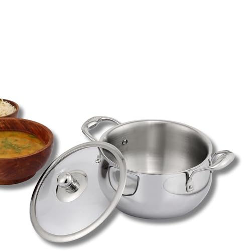 Vinod Platinum Triply Belly Shape Saucepot of 3.7 Liters Capacity (20 cm Diameter) Comes with Glass Lid, Riveted Handle, Mirror Finish - Silver (Induction and Gas Stove Friendly)
