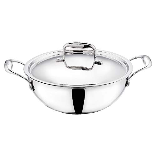 Vinod Stainless Steel Triply Kadhai with Lid, 3.2 Litres, Metallic