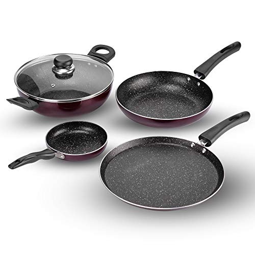 Vinod Supreme Non-Stick 4 Pcs Cookware Set - 28 cm Dosa Tawa, 22 cm Frypan, Kadhai with Glass Lid 2 L Capacity (22 cm) AMD 14.5 cm Mini frypan (Gas Stove and Induction Compatible) - Garnet Metallic