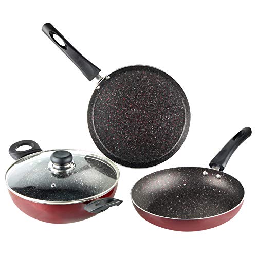 Vinod Supreme Plus Non Stick Cookware Set of 3 | Frypan, Kadai with lid, and Dosa Tawa | 5-Ply Aluminum Layer (3mm Thick) | Gas and Induction Base | 2 Year Warranty