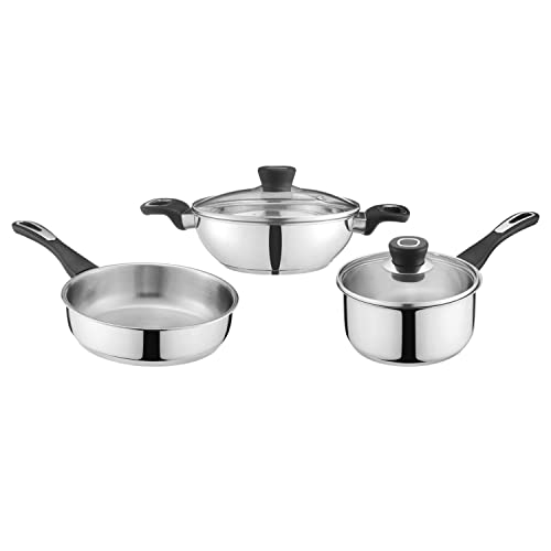 Vinod Veneto Stainless Steel Cookware Set of 3 | 1.7 Ltr Kadai, 1.5 Ltr Saucepan, 1.7 Ltr Frypan with Glass Lid | Ergonomic Hanldes | Induction Base | 2 Year Warranty - Silver